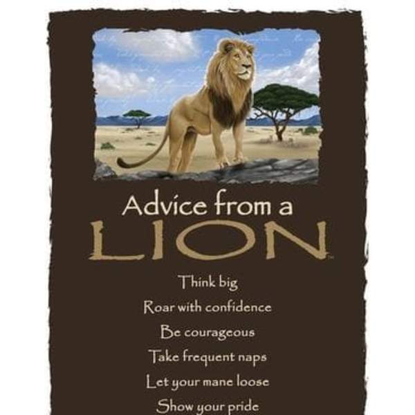Brown wall art featuring a lion over a savanna scene with inspirational advice text.
