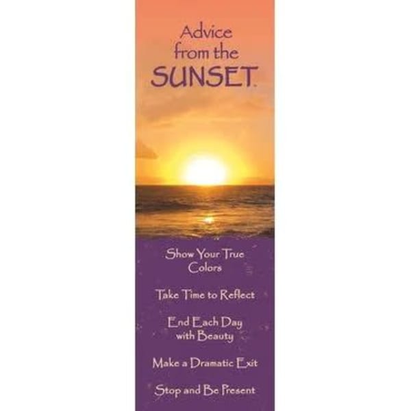 Inspirational bookmark featuring an ocean sunset above a purple text panel.