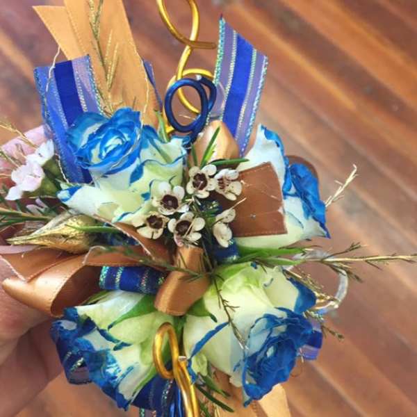 Royal Blue and Gold Wrist Corsage