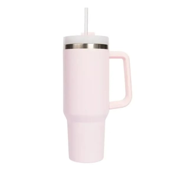 Light pink insulated tumbler with a handle and straw lid