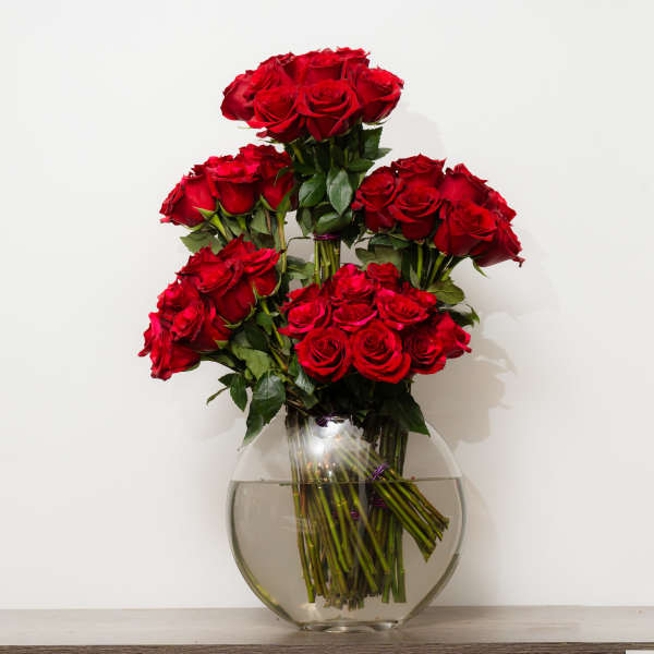 Bouquet of red roses in a clear glass vase