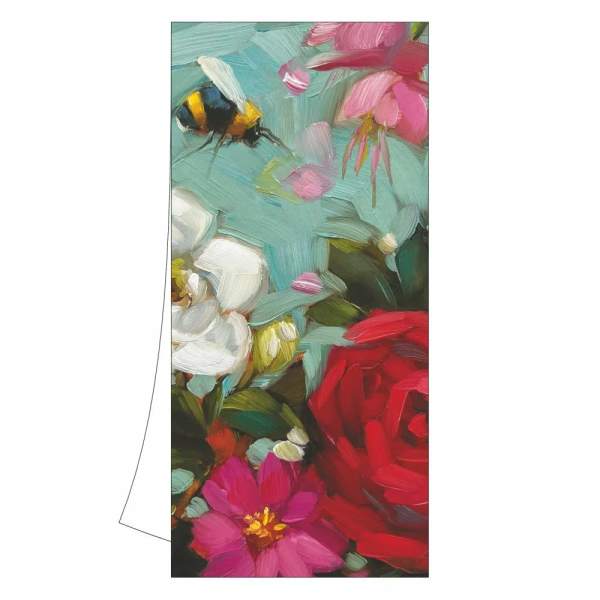 Painterly floral greeting card with red, pink, and white flowers and a bee on a blue background