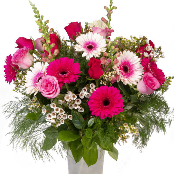 Pink and white mixed flower bouquet in a silver vase