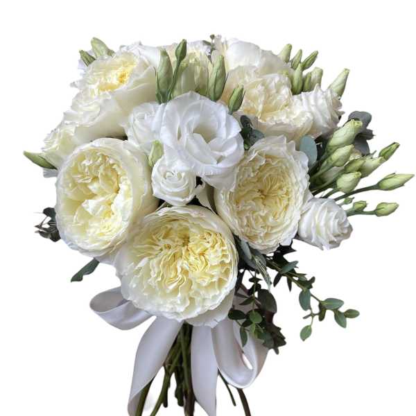 White and cream bouquet of roses and lisianthus tied with a white ribbon