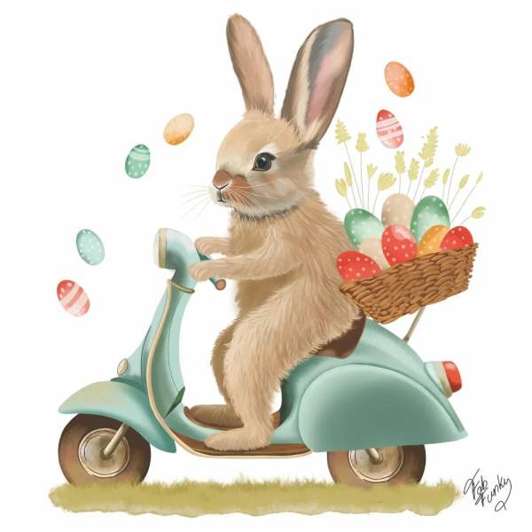 Illustrated bunny riding a teal scooter with a basket of colorful Easter eggs.
