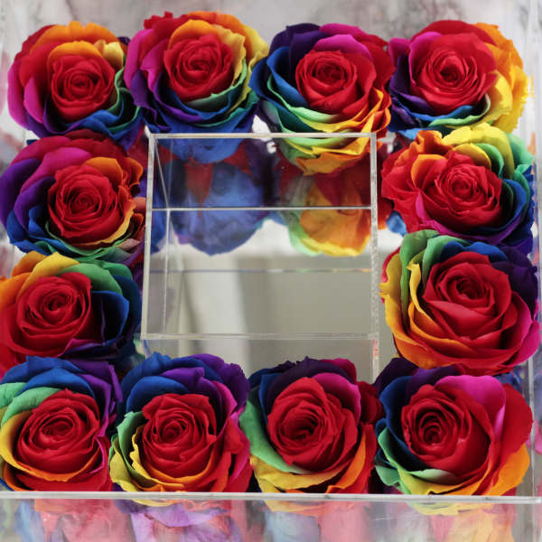 Rainbow-colored roses arranged in a clear square box