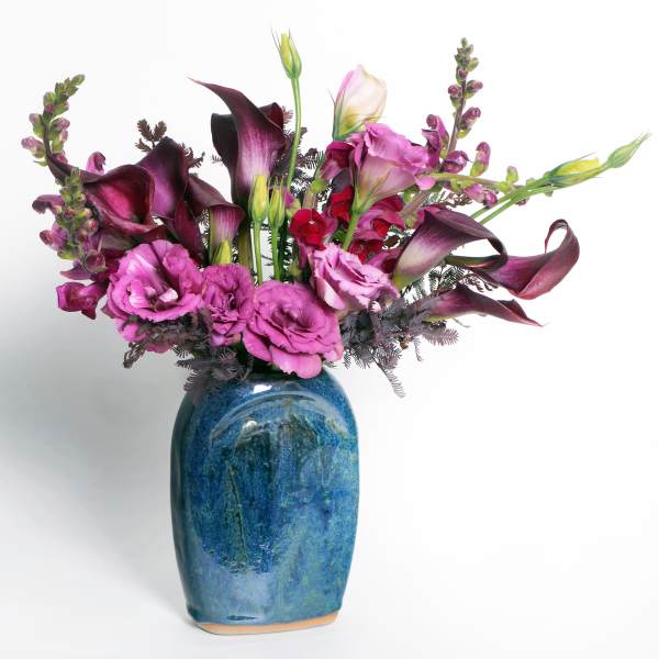 Moody Blue Semilunar Vase with Burgundy Arrangment