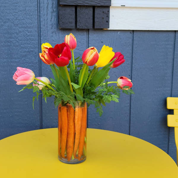 Bright tulip bouquet in a glass vase filled with upright carrots on a yellow table
