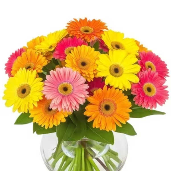 Bright gerbera daisy bouquet in a clear glass vase