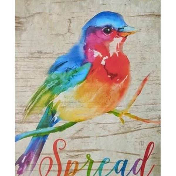 Colorful bird illustration on rustic sign with the phrase “Spread your wings and fly.”