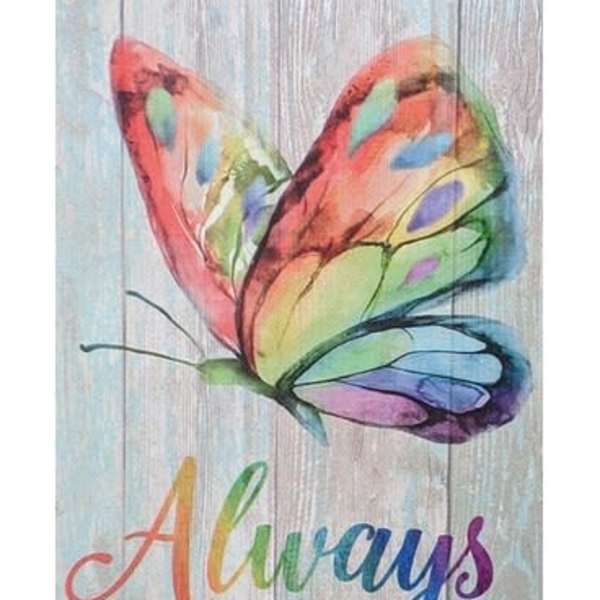 Decorative sign with a colorful butterfly and the words "Always in my prayers" on a wood-style background