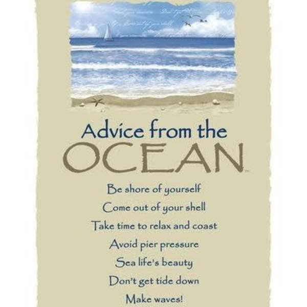 Beige inspirational wall print with ocean scene at top and blue advice text below.