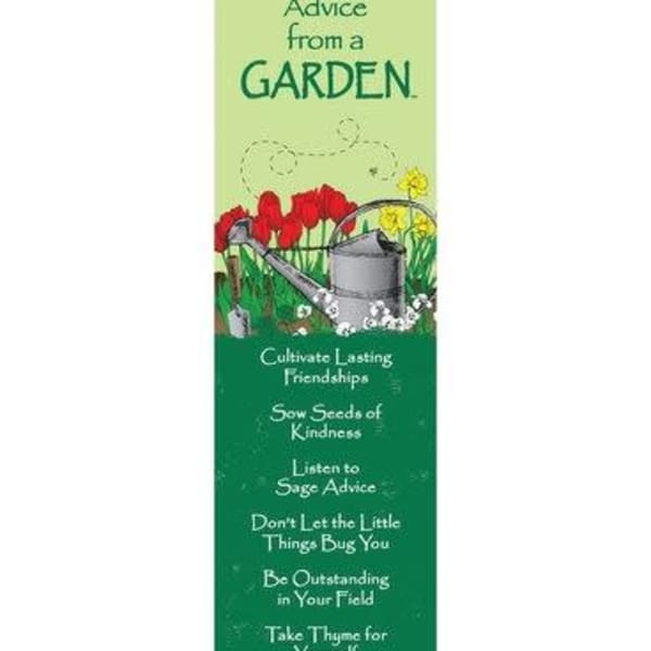 Tall green bookmark with garden illustration, red and yellow flowers, and advice-themed text.