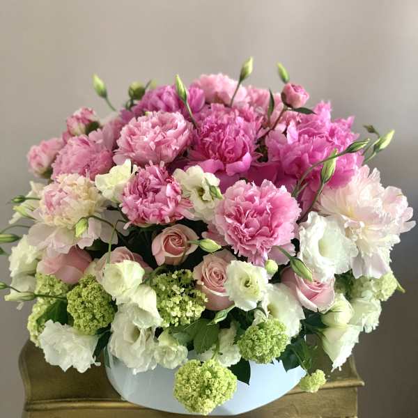 Low round arrangement of pink peonies, blush roses, white blooms and green hydrangea in a white box
