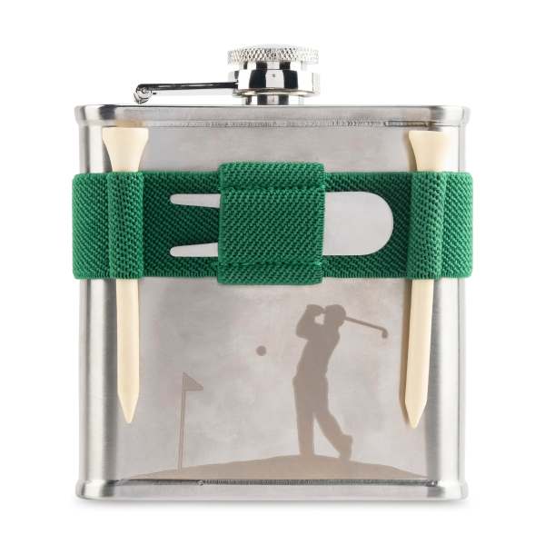 Silver flask with a green strap and golf silhouette