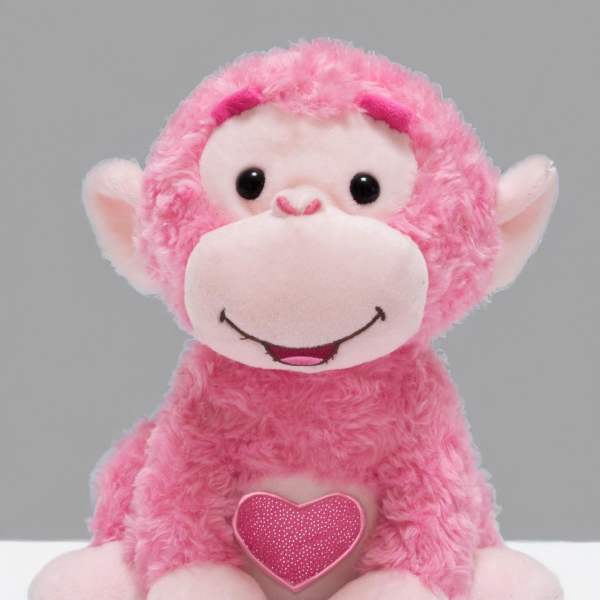Pink plush monkey holding a heart