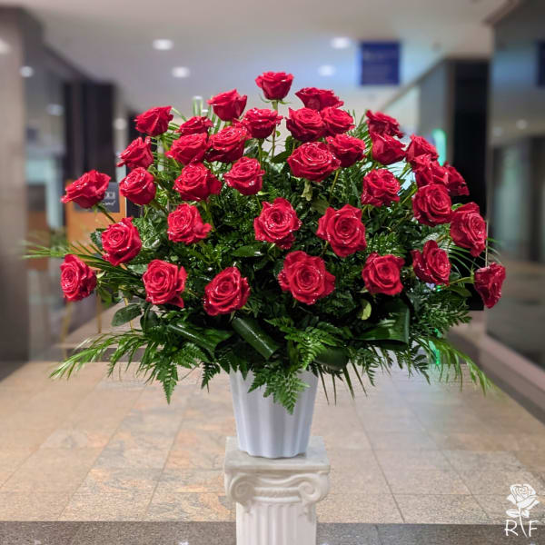 Large arrangement of red roses in a white vase