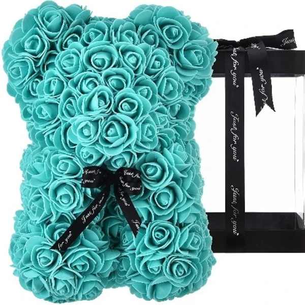 Turquoise rose-shaped teddy bear with black ribbon and gift box
