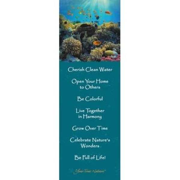 Tall bookmark with coral reef illustration and inspirational ocean-themed text.