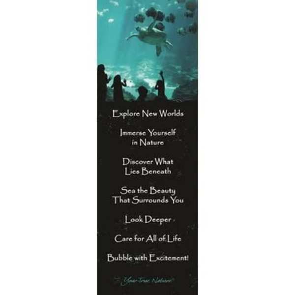 Tall bookmark with aquarium advice text and underwater scene with turtle, fish, and viewer silhouettes