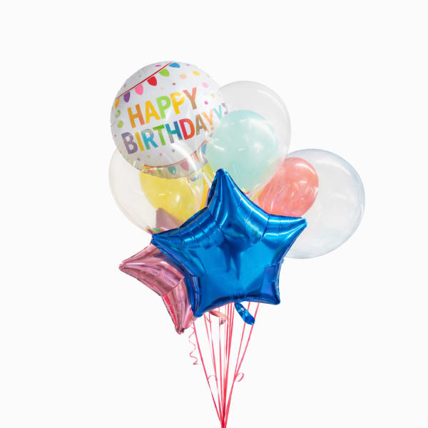 Birthday balloon bouquet with a blue star balloon and a printed Happy Birthday balloon