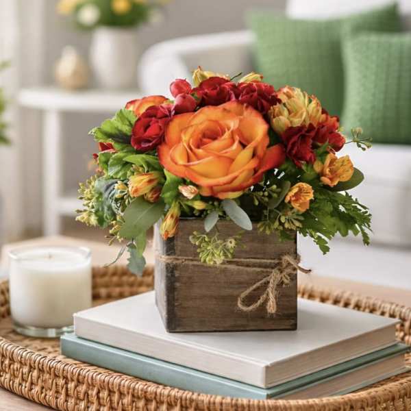 Orange and red rose arrangement in a rustic wooden box
