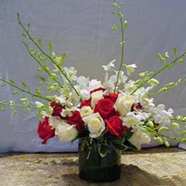 Red and white rose arrangement with white orchids and green sprays in a glass cylinder vase