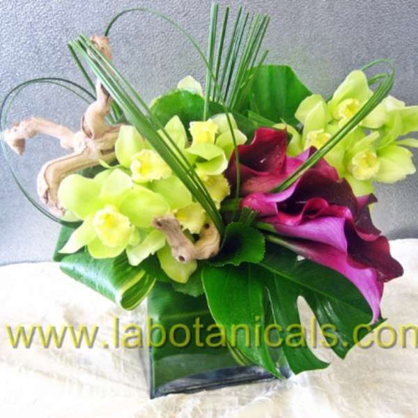 Bouquet of lime green orchids and purple calla lilies in a glass vase