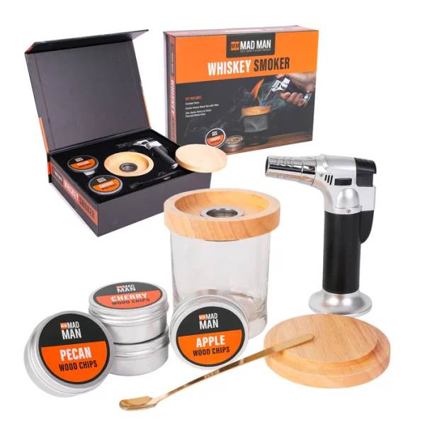 Whiskey smoker kit with torch, glass jar, wood chips, and box
