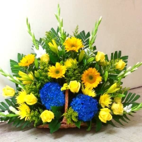 Low basket arrangement with yellow roses, gerberas, blue hydrangeas and white flower spikes