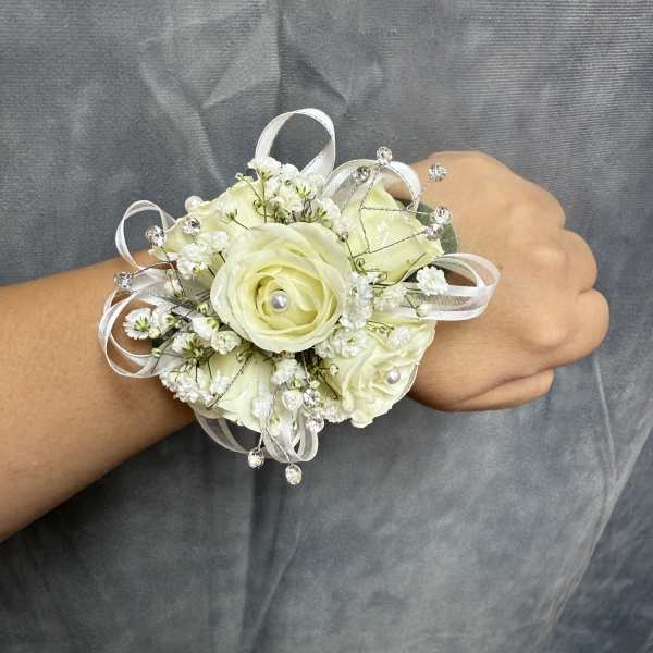 Silver White Spray Roses round corsage