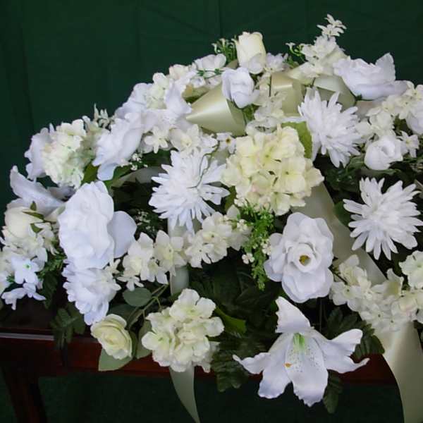 WHITE SILK CASKET SPRAY NEW-S18