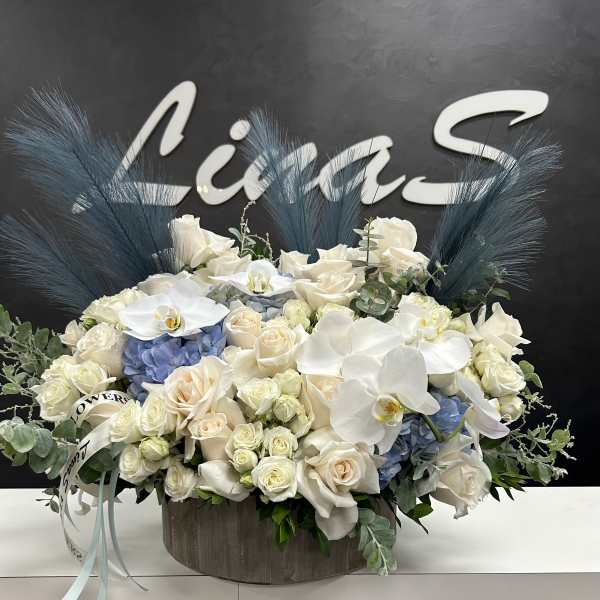 White roses and orchids arranged in a low round box with blue accents