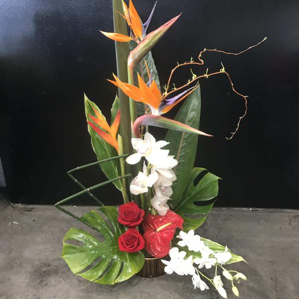 Tall tropical arrangement with orange bird-of-paradise, red roses, and white orchids