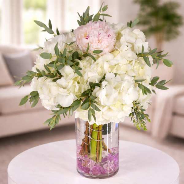 Hydrangea, Peony & Eucalyptus Vase