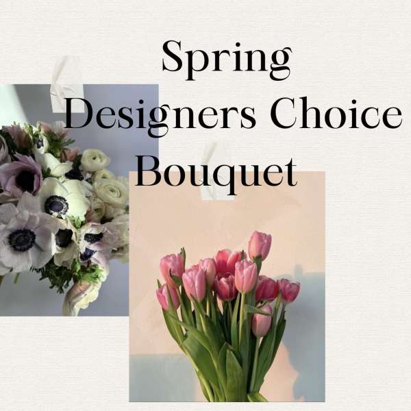 Spring designers choice bouquet with pink tulips and white anemones