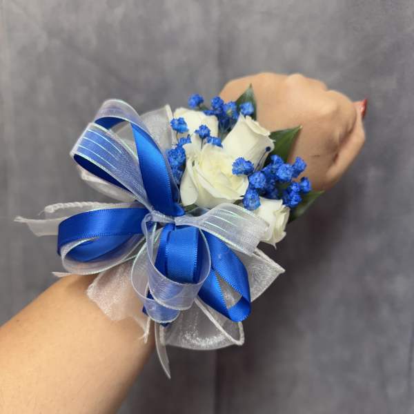Royal blue white spray roses wrist corsage