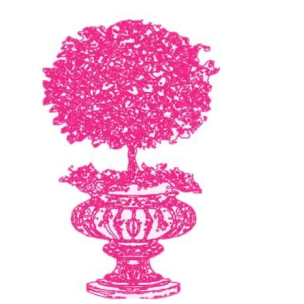 Pink line-art illustration of a round topiary tree in an ornate pedestal urn