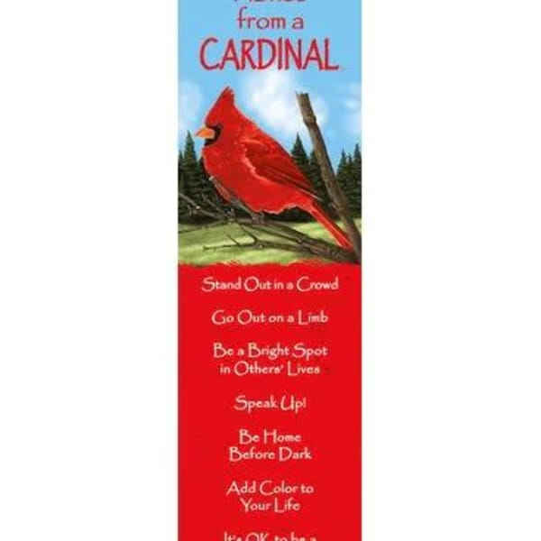 Tall red bookmark with a cardinal illustration and inspirational sayings