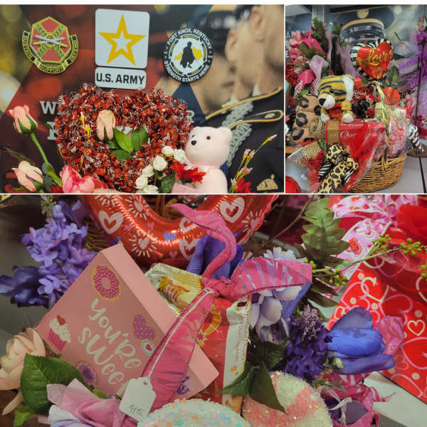 Gift baskets and bouquets with heart balloons, candy, and teddy bears