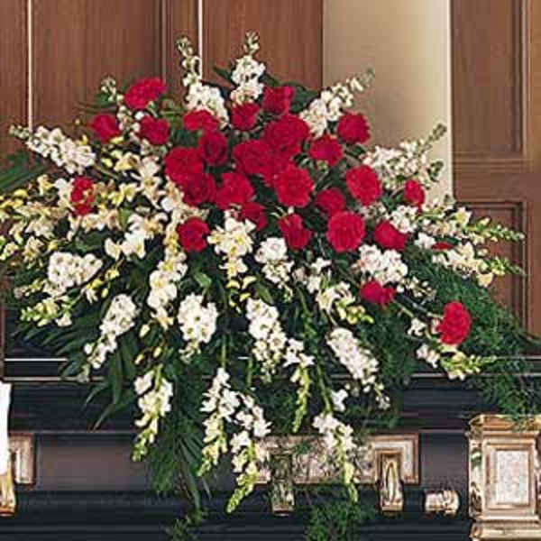 Red and white casket spray with red carnations and white flowers on a dark casket