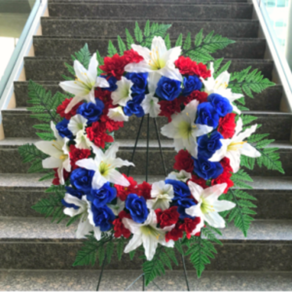 24" RED WHITE AND BLUE SILK WREATH ON EASEL