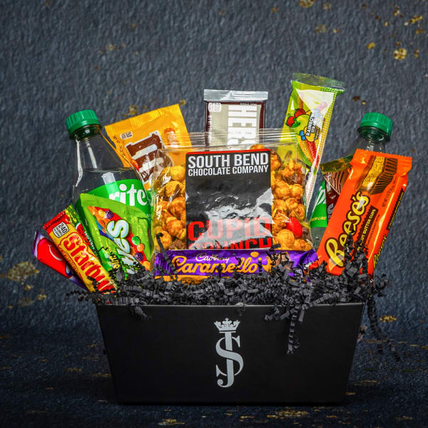 Chocolate and candy gift basket in a black container