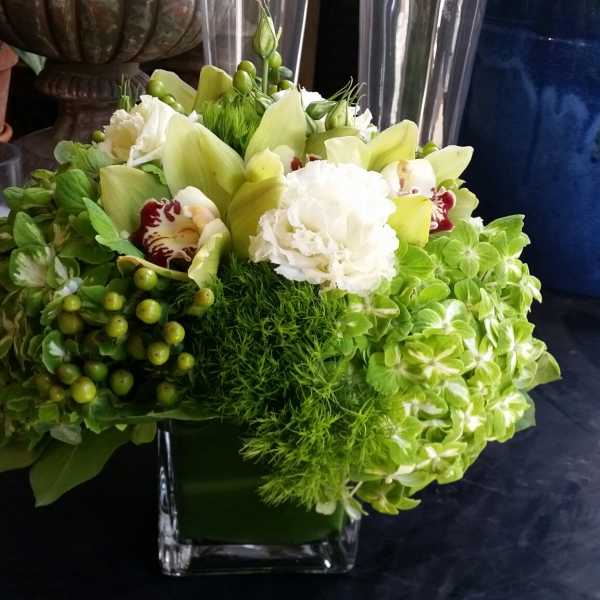 Green and white floral arrangement in a square glass vase