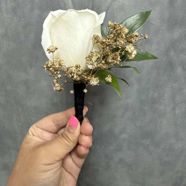 Black Gold white rose boutonnière