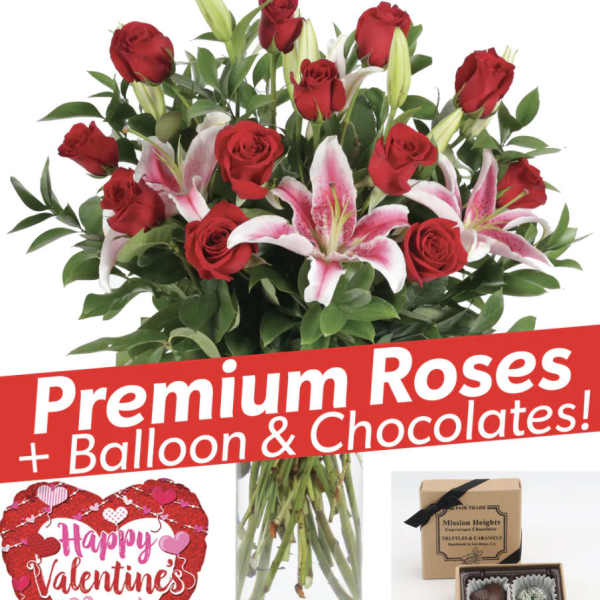 Bouquet of red roses and pink lilies with a Valentine balloon and chocolates