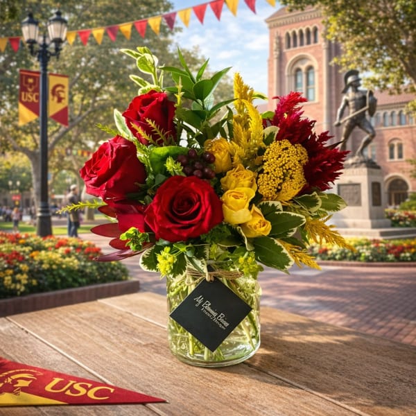 Red and yellow rose bouquet in a glass jar on a table