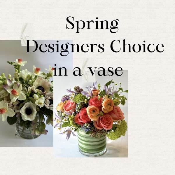 Two mixed flower arrangements in glass vases with spring text above