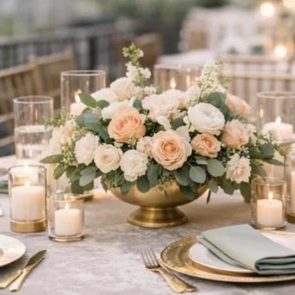 Low centerpiece of peach and white roses in a gold bowl surrounded by glass candles on a wedding table