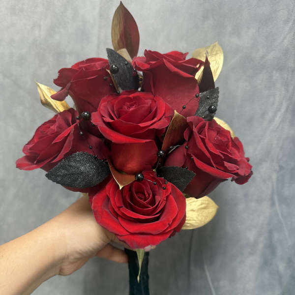 Prom red gold black bouquet